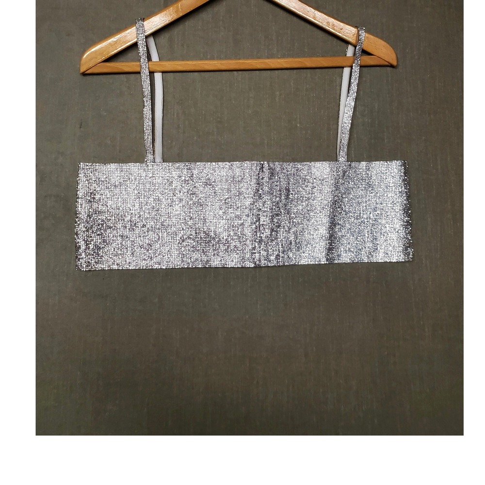 White Fox Silver Rhinestone Crop Top Spaghetti Strap Bandeau Glam Metallic M/L